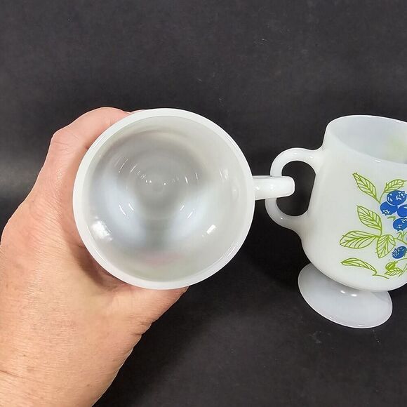 Vintage Milk Glass Pedestal Mugs with Berry Graphics Heat Proof USA Set Of 2 - Picture 5 of 8